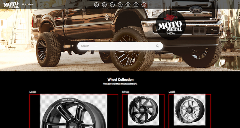 Screenshot of a branded portal in the canto DAM showing an offroad car and several rims.