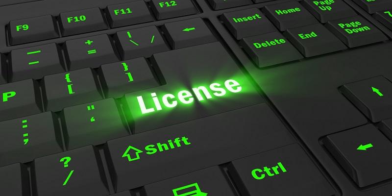 Green keyboard illuminating the word 'License'.