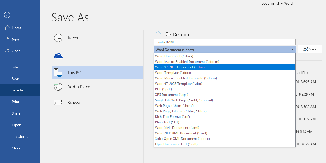 A screenshot of a user converting a DOCX file to .DOC