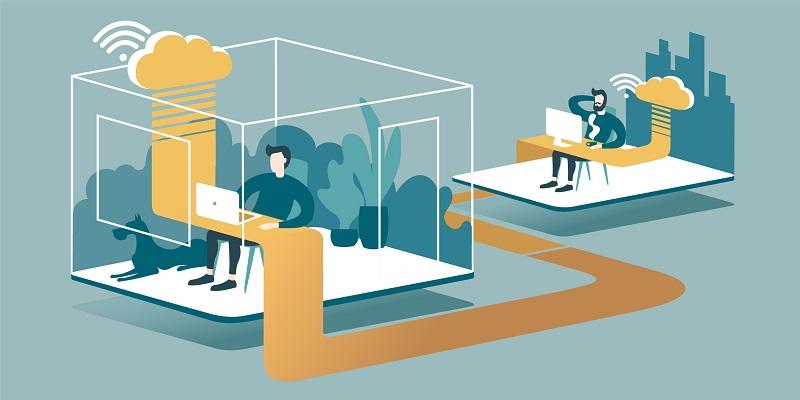 An animated depiction of remote connectivity between workers.