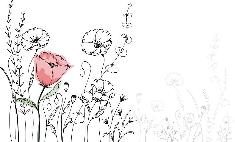 A drawn flower next to other flowers.