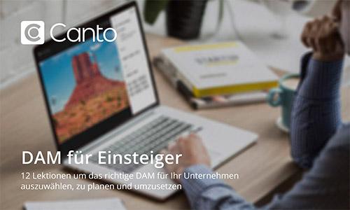 Deckblatt des E-Books DAM für Einsteiger, es zeigt eine Person, die an einem Laptop arbeitet, auf dem das DAM von Canto zu sehen ist.