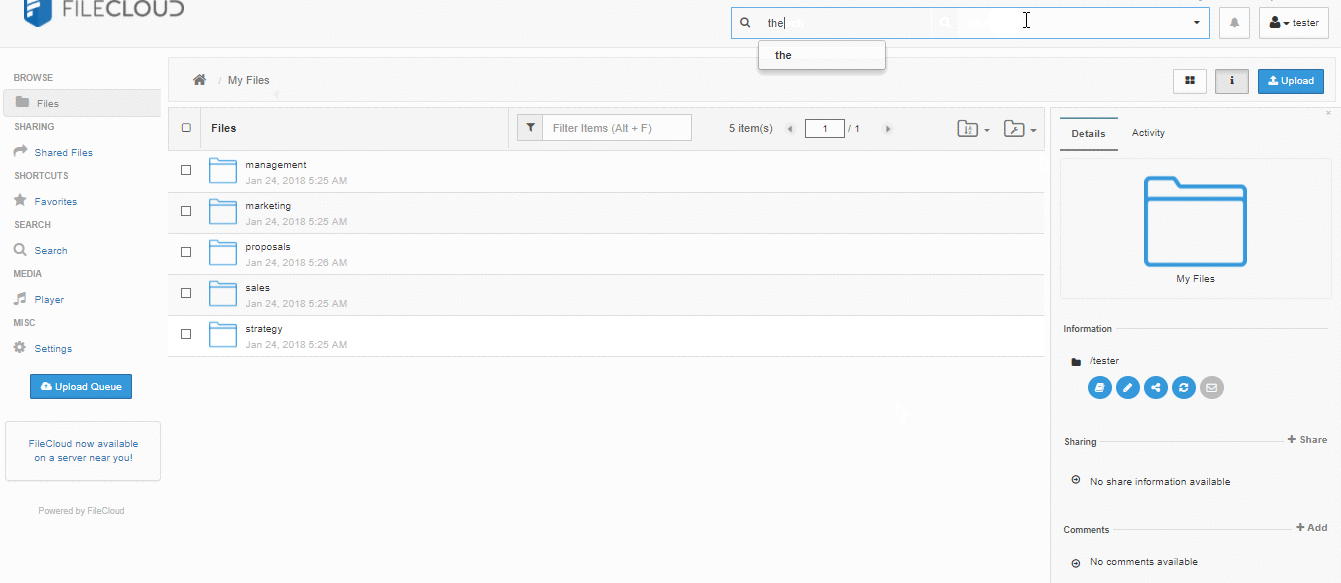 A screenshot of the FileCloud interface.