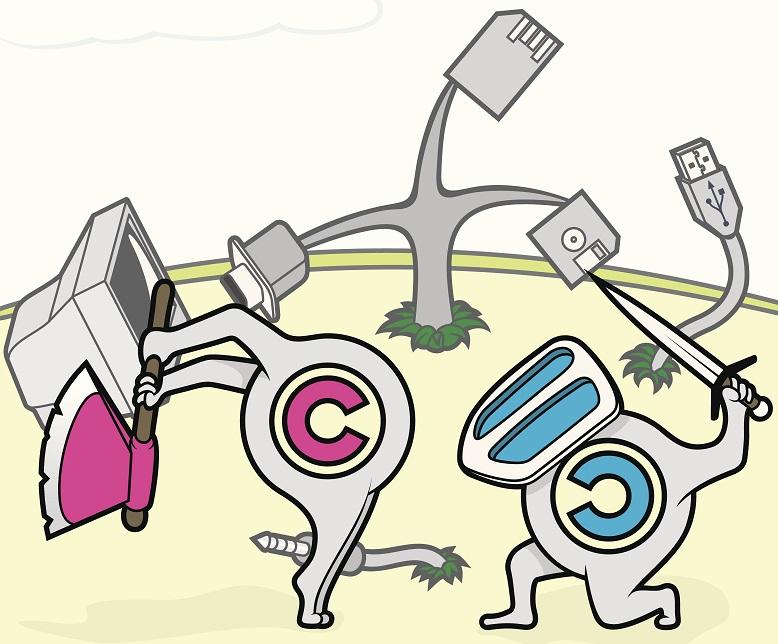 Ein Copyright- und ein Copyleft-Symbol im Cartoon-Stil bekämpfen sich gegenseitig.