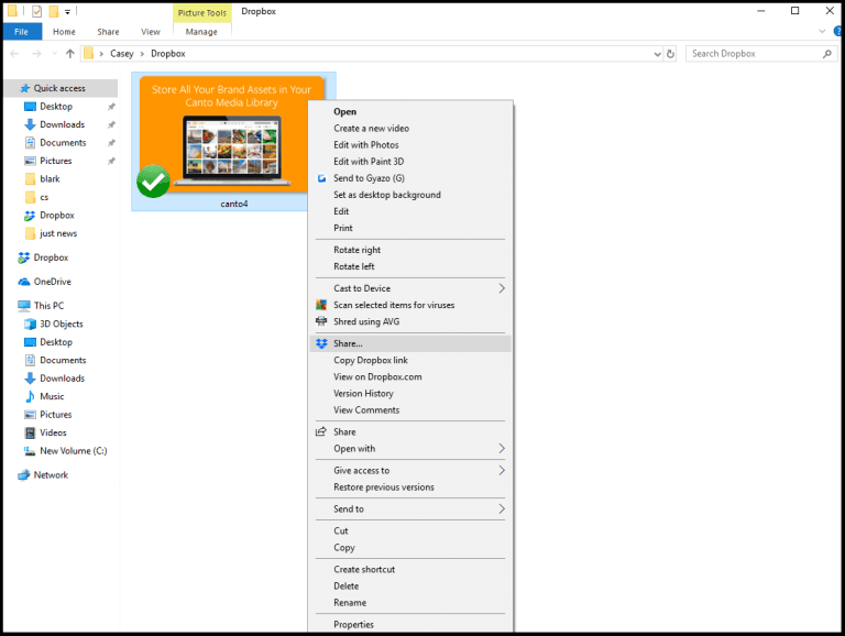 Ein Screenshot eines Fotos in Dropbox, auf das ein Benutzer mit der rechten Maustaste geklickt hat.
