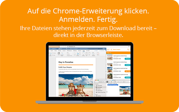 Bild der Chrome-Erweiterung von Canto im Einsatz, es zeigt einen Laptop, auf dem über die Erweiterung ein Asset heruntergeladen und weiterverwendet wurde.