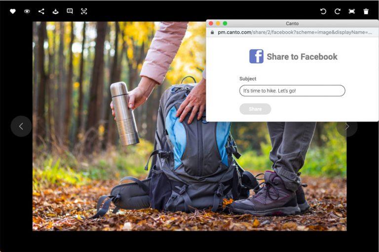 Screenshot of the detail view of an image in the Canto DAM, overlaid by a dialog box for sharing the image to facebook.