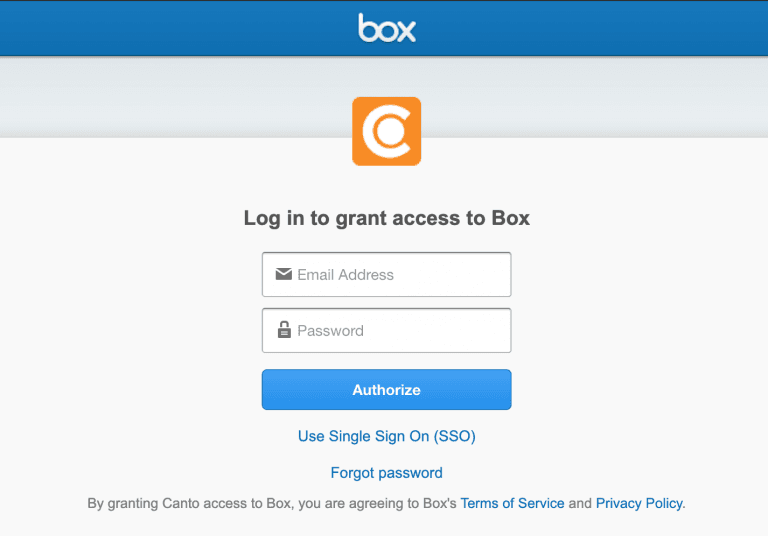 Der Anmeldebildschirm für box.com im DAM-System von Canto, mit dem der Zugriff und die Synchronisation für die Integration genehmigt werden können.