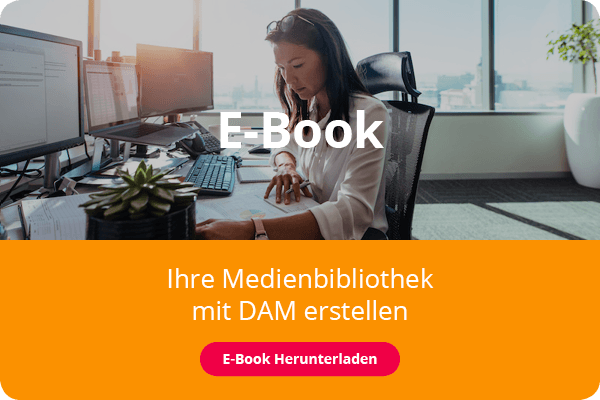 Deckblatt eines E-Books, es zeigt eine Frau in einem modernen hellen Büro, die an einem Schreibtisch mit mehreren Computern sitzt, an Ausdrucken auf dem Tisch arbeitet und sich dabei Notizen macht.