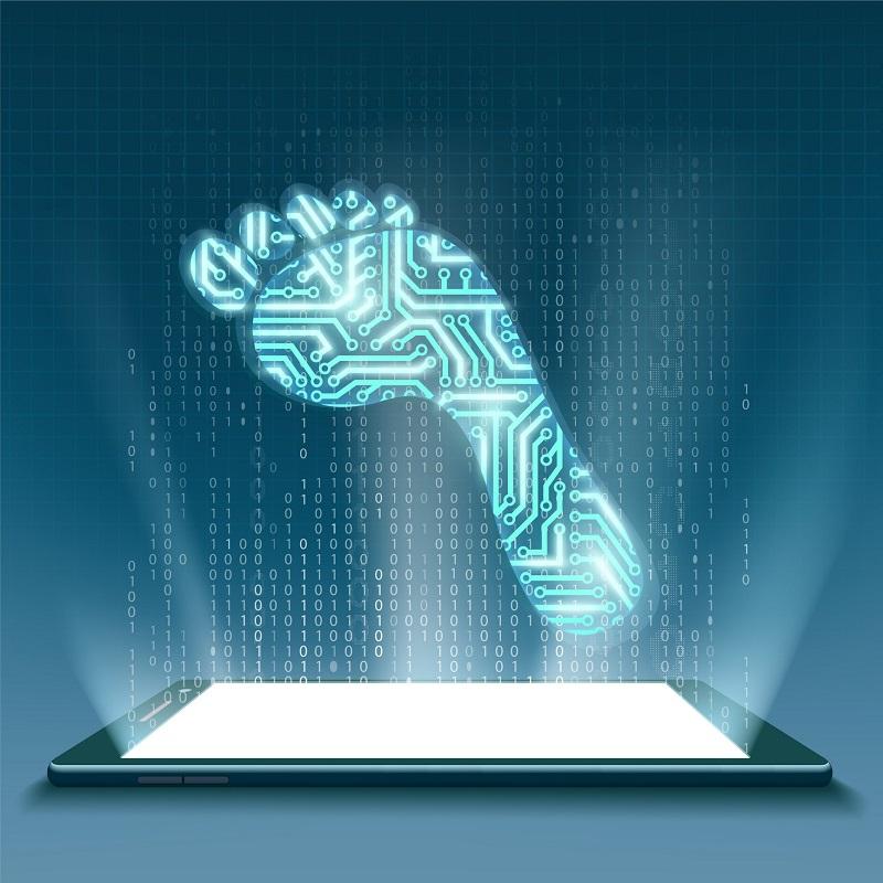 A picture of a digital foot floating above a mobile device.