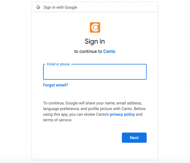 Der Anmeldebildschirm für Google Drive im DAM-System von Canto, mit dem der Zugriff und die Synchronisation für die Integration genehmigt werden können.
