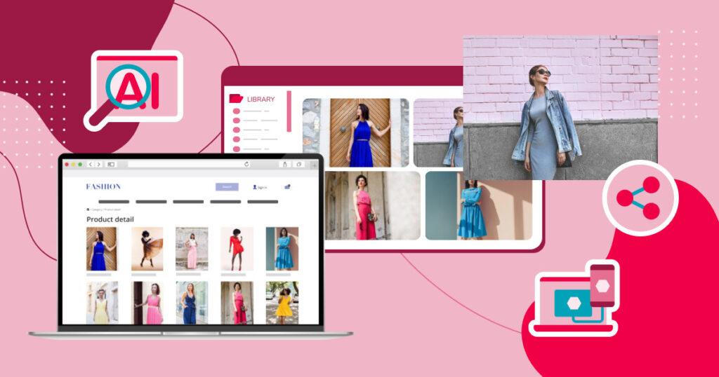 A laptop full of fashion imagery with a dam image library sits behind an image of a model in light blue with icons of AI search, sharing between devices and data float all over a red background