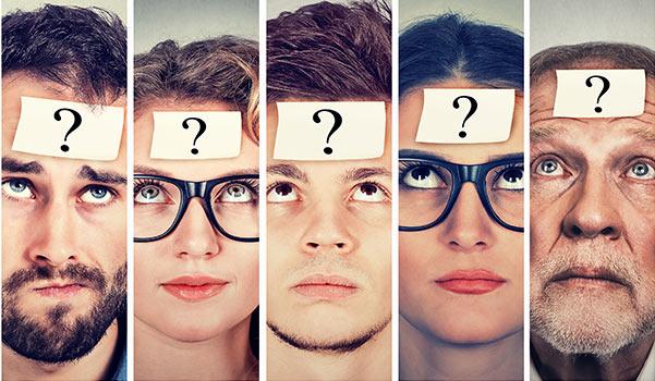 A group of people with question marks on their foreheads.