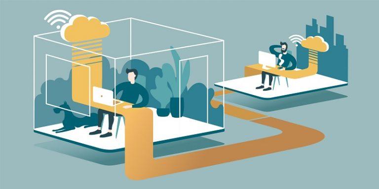 Eine grafische Darstellung von Fernverbindungen zwischen Mitarbeitern in der Online-Zusammenarbeit.