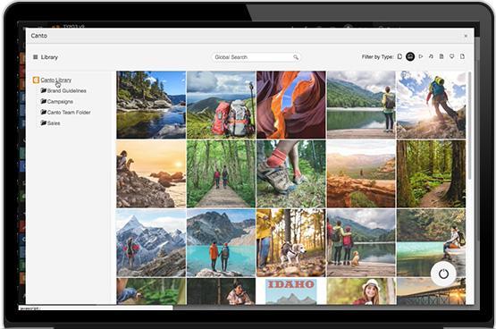 Der Bildschirm eines Laptops, auf dem die TYPO3-Integration mit dem DAM-System von Canto angezeigt wird.