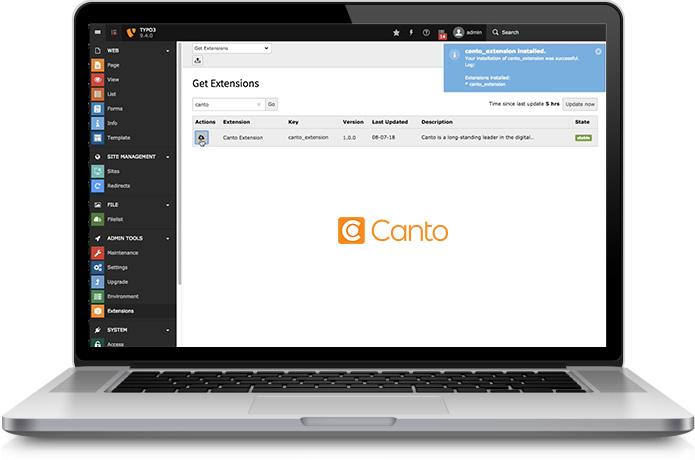 Ein Laptop, auf dem die Erweiterungseinstellungen zur Installation der TYPO3-Integration für das DAM-System von Canto angezeigt werden.