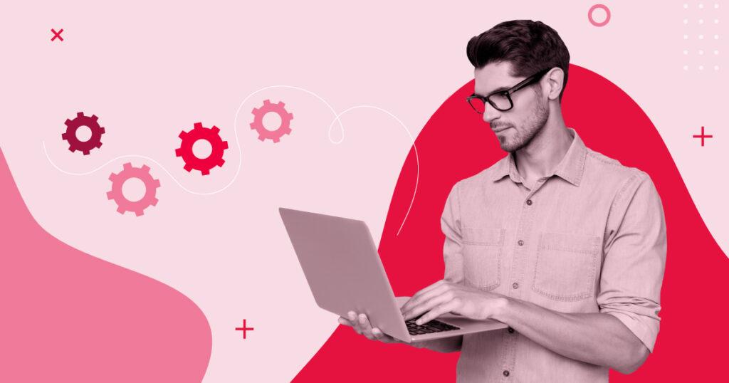 A man on a laptop with glasses with icons of red gears float around all over a red background.