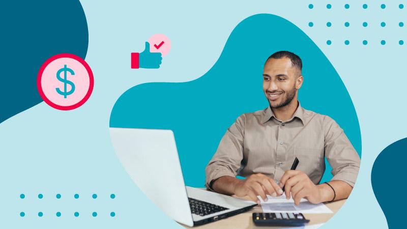 a man in a beige shirt smiling at a laptop with red icons of a dollar sign and thumbs up over a blue background.