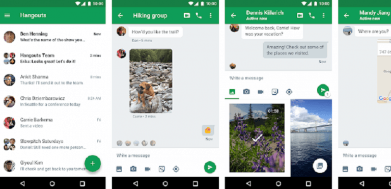 Ein Screenshot der Benutzeroberfläche von Google Hangouts, eine der Slack-Alternativen, auf verschiedenen Mobilgeräten.