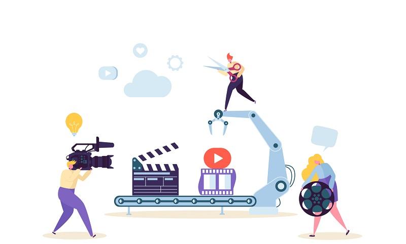 A team of workers creates a movie.