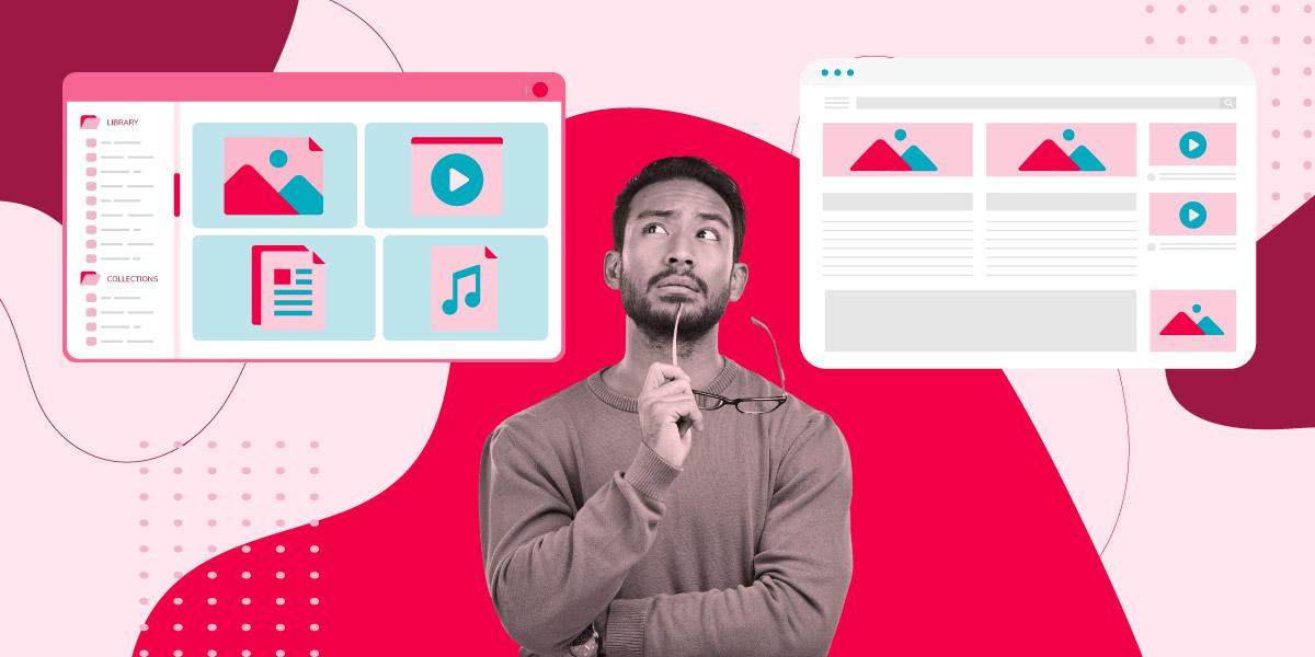 Man holding glasses and looking thoughtful, with digital asset management library and content management system layout interfaces on either side against a red background.