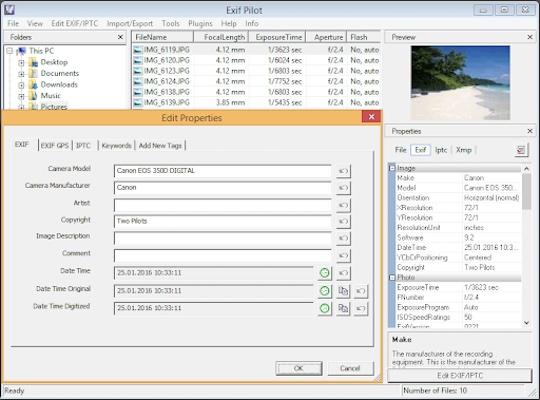 Ein Screenshot des Programms Exif Pilot, eine weitere Alternative, die Metadaten von Fotos entfernen kann.