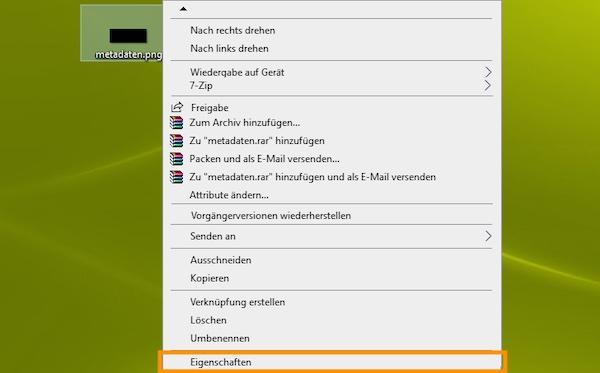 Ein Screenshot des Kontextmenüs unter Windows mit der hervorgehobenen Option 'Eigenschaften'.