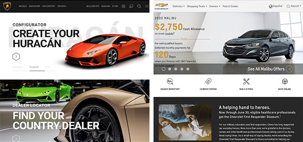 The Lamborghini and Chevy webpages side-by-side.