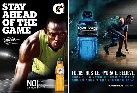 A Gatorade and Powerade ad side-by-side.