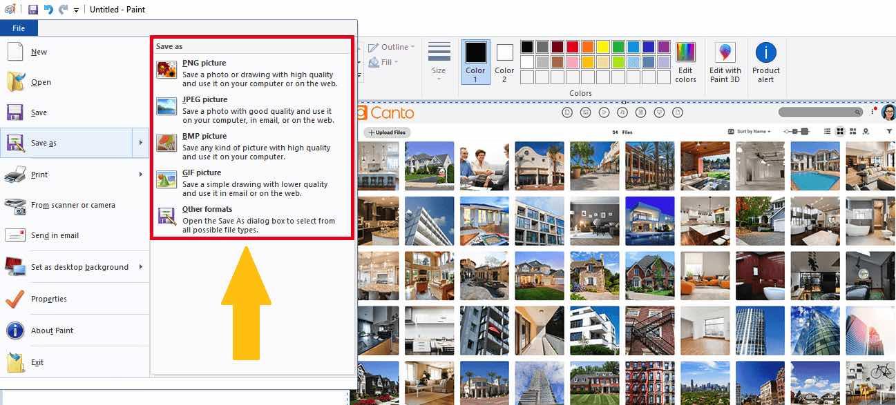 Ein Screenshot der 'Speichern unter'-Funktion in Microsoft Paint, die ein JPEG-Bildformat erstellen kann.