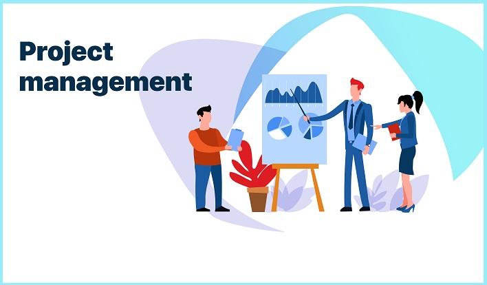 Eine Gruppe von animierten Personen diskutiert über verschiedene Diagramme, die Projektmanagement-Methoden abbilden.