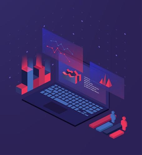 A computer with graphs and data.