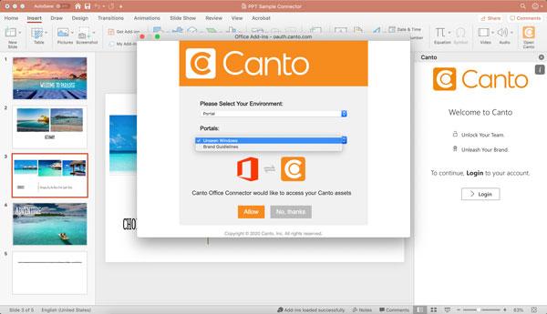 A screenshot of how to sign in into your Canto account using the Canto Connector in Microsoft PowerPoint.
