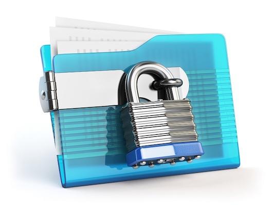 Ein Dateiordner, der mit einem Vorhängeschloss gesichert ist, was symbolisch für sicheres Filesharing steht.