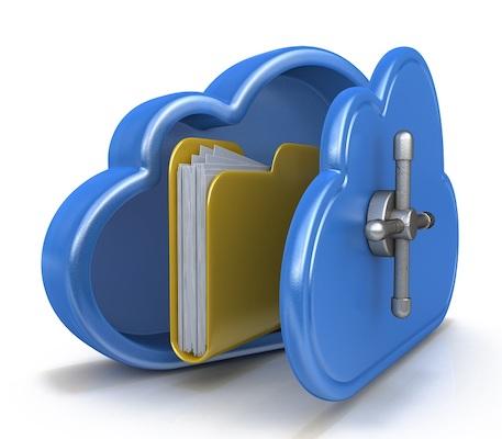 In einem Tresor in Form einer Wolke, der für Cloud-Speicher steht, befindet sich ein Dateiordner.