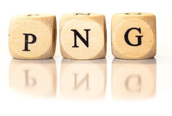 Die Abkürzung PNG, die buchstabenweise mit kleinen Holzklötzchen gebildet wird.
