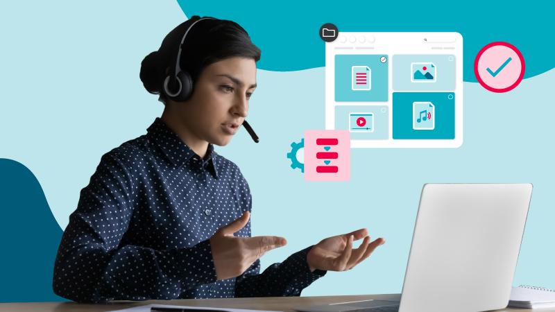 A woman in a blue shirt and headset looks at her computer an illustrated dam system floats above with red illustrated icons of a DAM workflow and checkmark all over a blue background