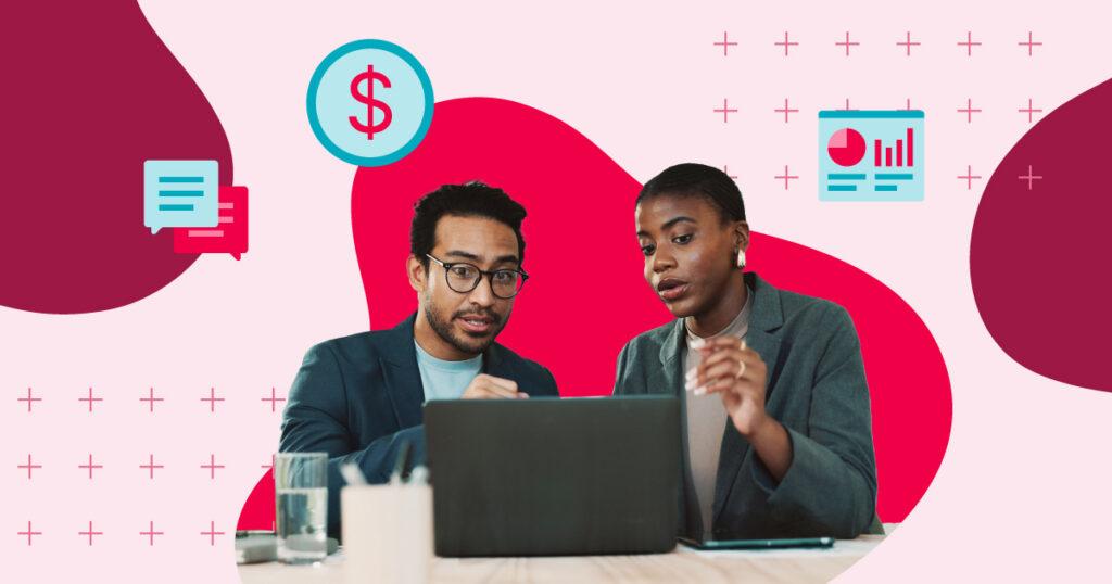 An image of a man and woman on a laptop having a disscuission with illustrated blue icons of a sales slide, costs, and collaboration over a red background