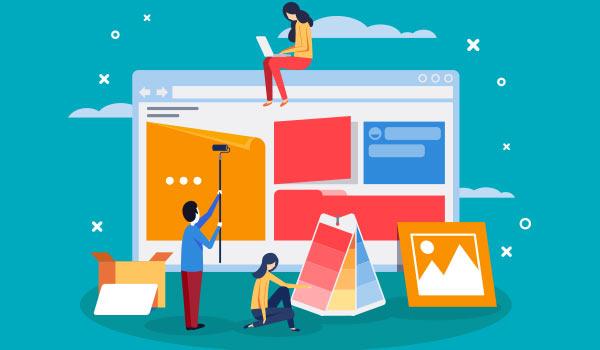 Illustrated people working on a website.