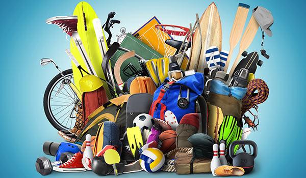 A group of athletic gear in a pile.