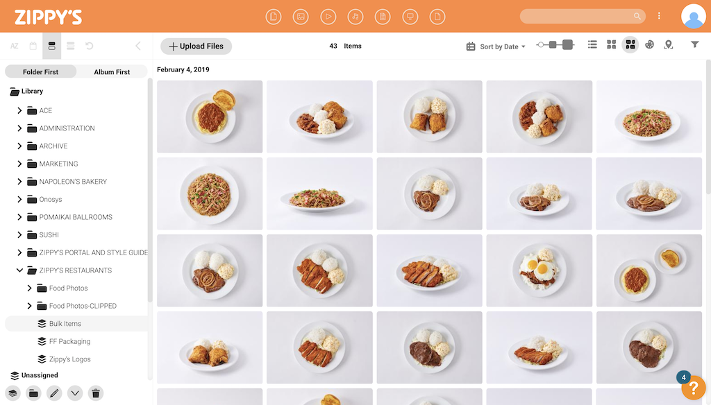 Screenshot of the Canto media library of Zippy's with selected images.