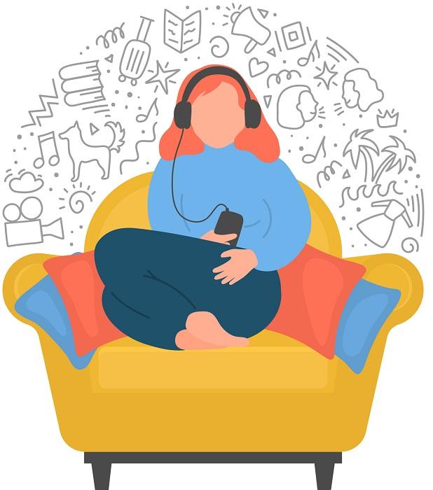 A woman listening to podcasts.