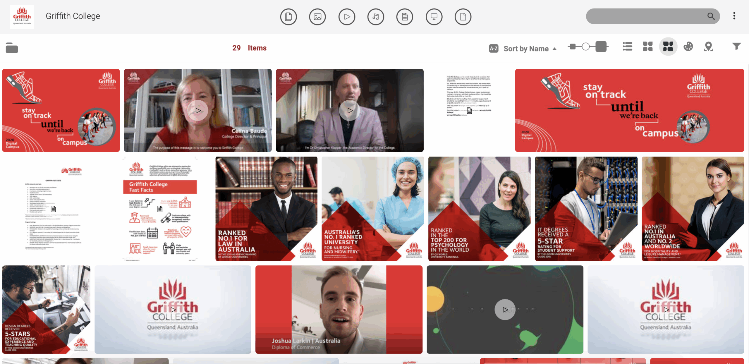 Screenshot of the Canto media library of Griffith college.