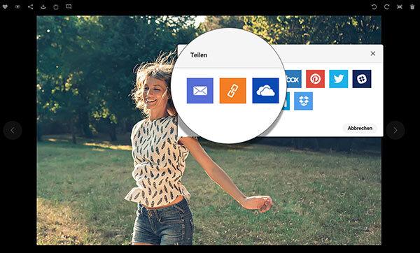 Eine Abbildung zeigt das OneDrive-Symbol inmitten der anderen Symbole zum Teilen von Inhalten aus Canto.