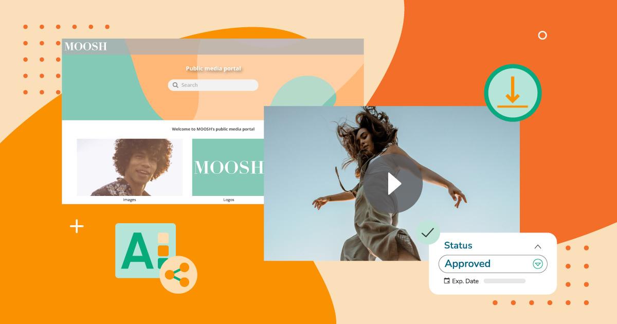 On-brand image of a woman being downloaded from a branded media portal over an orange background.