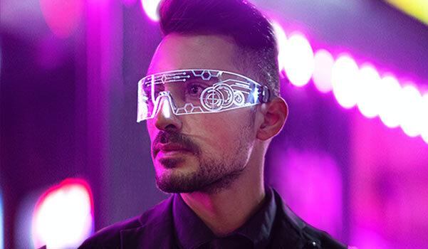 A futuristic pair of glasses on a person.