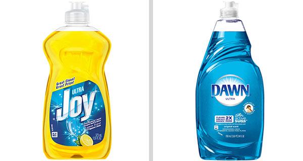 Die Geschirrspülmittelmarken Joy und Dawn nebeneinander, als Beispiel für effektives Produkt-Branding.