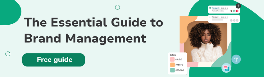CTA image promoting a free guide titled "The Essential Guide to Brand Management," featuring a stylish woman in a cream sweater, color swatches, and UI elements that reflect digital brand management tools.