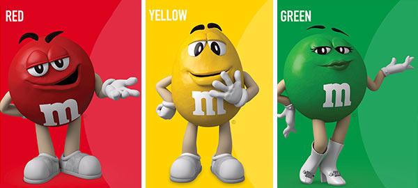 Eine Werbung von M&M's mit personifizierten Süßigkeiten.