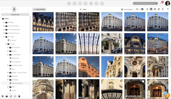 Screenshot of the Canto media library of The Set Hotels.